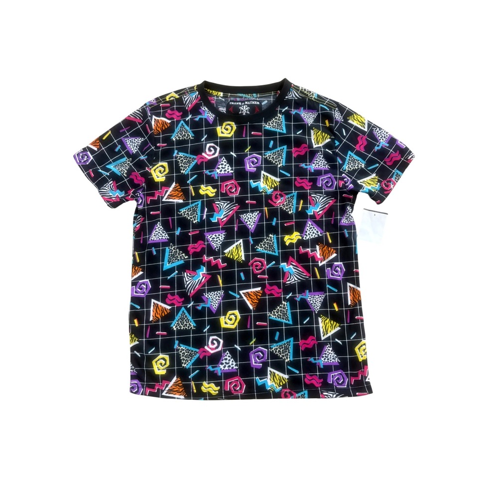 Tranq & Mayhem Boys Retro 80s Geometric Grid Print T-Shirt Black Size L 14-16
